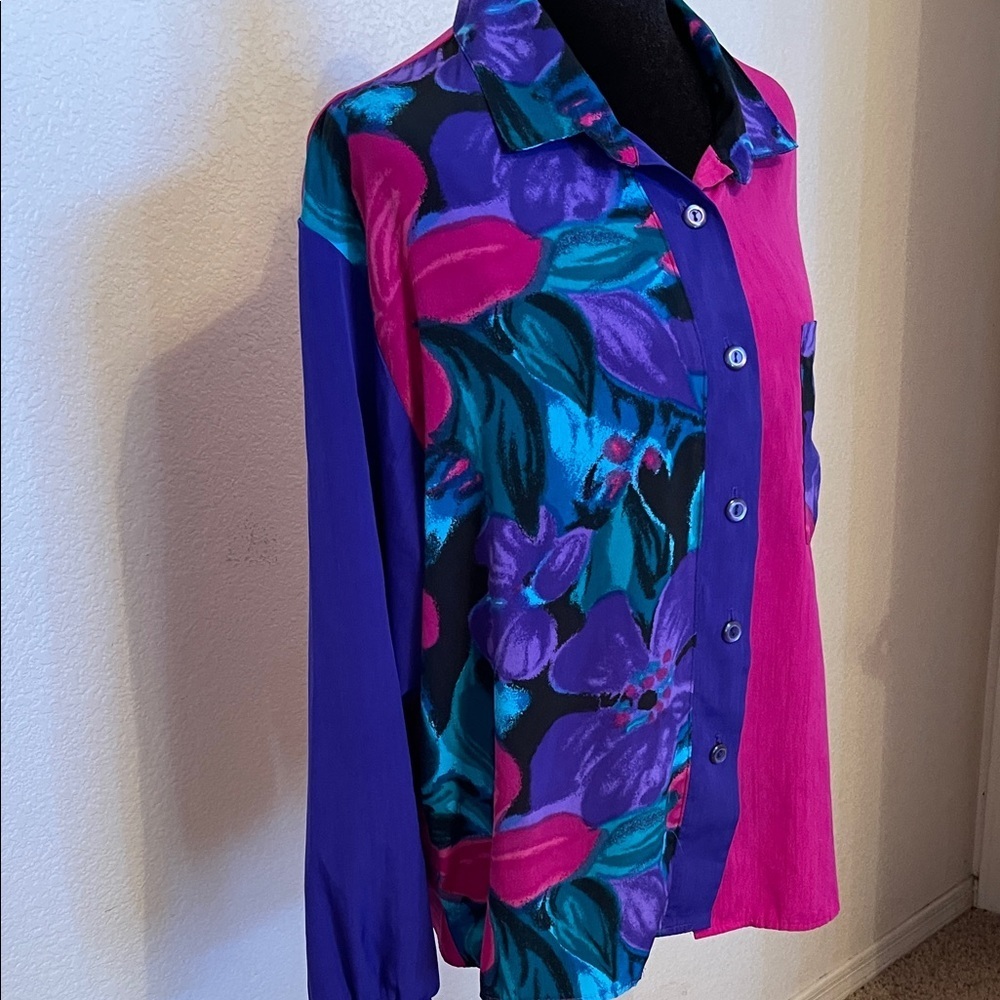 Colorblock Floral Button-Up Shirt - Pink, Purple, Teal - Picture 8 of 8